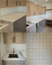 Kitchen with light brown cabinets, tile patterned floors, open shelves, light stone counters, and recessed lighting