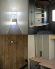 Kitchen with gray cabinetry, light countertops, wood ceiling, wood finished floors, and open shelves