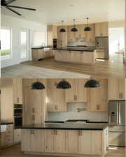 Kitchen with light brown cabinetry, decorative backsplash, a spacious island, and dark countertops