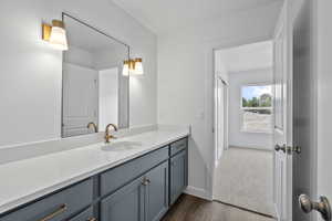 Bathroom featuring vanity and wood finished floors