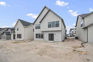 Back of house with stucco siding and a residential view