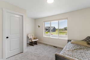 Carpeted bedroom featuring baseboards
