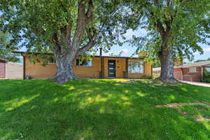 View of front facade with a front yard and brick siding