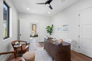 Office space featuring hardwood / wood-style floors, recessed lighting, and ceiling fan