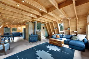 Living area with healthy amount of natural light, track lighting, a wood stove, light colored carpet, and beamed ceiling