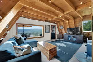 Carpeted living room featuring wooden walls, a wooden ceiling with exposed beams, and rail lighting