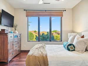 Bedroom featuring multiple windows, dark wood-type flooring, and ceiling fan