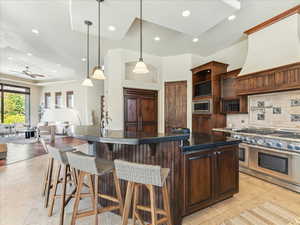 Kitchen featuring stainless steel appliances, backsplash, dark countertops, recessed lighting, and a tray ceiling