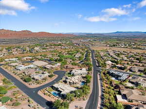 Aerial view of residential area with mountains