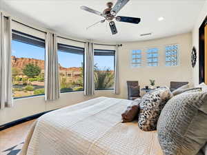Bedroom with recessed lighting and light tile patterned flooring