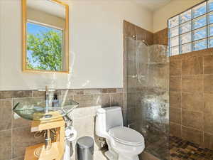 Full bathroom featuring walk in shower, tile walls, and wainscoting
