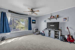 Rec room featuring carpet flooring, crown molding, and ceiling fan