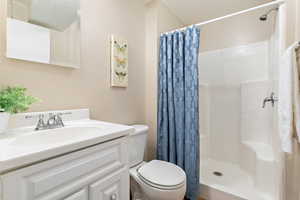 Basement bathroom with vanity and a shower