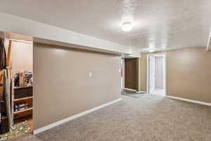 Finished basement with a textured ceiling and light colored carpet