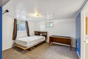 Bedroom with a textured ceiling, multiple windows, and carpet flooring