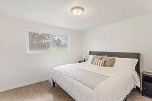 Bedroom with carpet flooring and a textured ceiling
