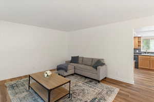 Living area featuring light wood finished floors and baseboards