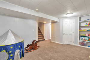 Recreation room with carpet and built in shelves