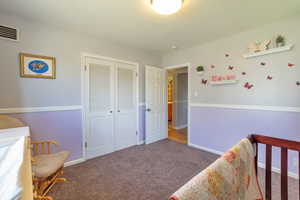 Bedroom featuring carpet floors and a closet
