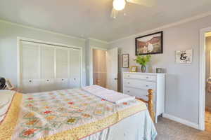 Bedroom with ornamental molding, a closet, carpet, and a ceiling fan