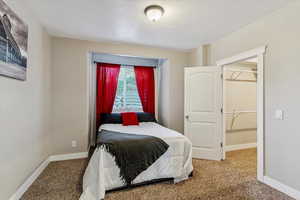 Carpeted bedroom featuring a spacious closet and a textured ceiling