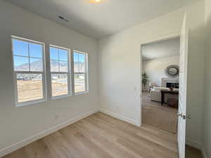 Spare room featuring light wood-type flooring and a mountain view