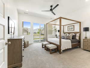 Bedroom with access to exterior, light colored carpet, a ceiling fan, and recessed lighting