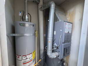 Utility room featuring secured water heater and heating unit