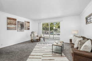 Living area with crown molding, carpet, and a textured ceiling