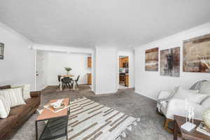 Carpeted living area with a textured ceiling and crown molding