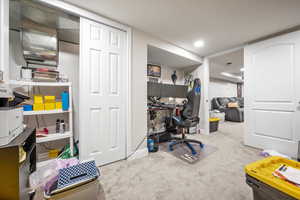 Carpeted office or bedroom with recessed lighting.
