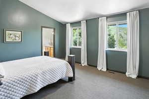Bedroom with lofted ceiling and carpet floors