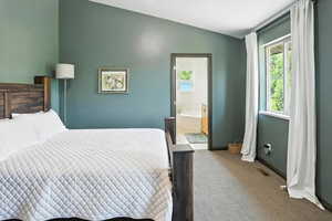Carpeted bedroom with vaulted ceiling and ensuite bathroom