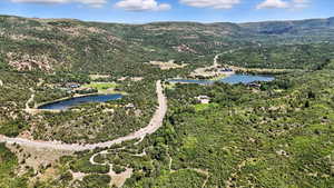 Bird's eye view of a heavily wooded area and a water and mountain view