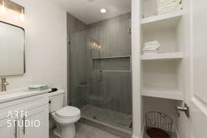 Full bath featuring vanity and a shower stall