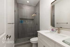 Full bath with vanity and a stall shower