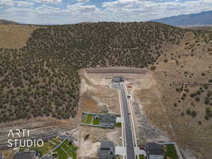 Aerial view of property's location with rural landscape and a mountainous background