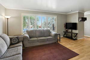 Living area with crown molding and light wood-style flooring
