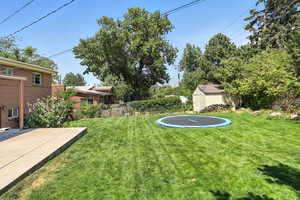View of grassy yard featuring a storage shed and a trampoline