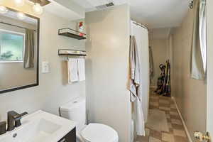 Bathroom with vanity and a shower with curtain
