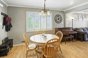 Dining space with ornamental molding, light wood finished floors, and a chandelier