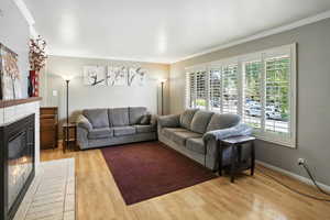Living room with ornamental molding, light wood-style flooring, and a fireplace