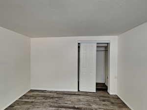 Unfurnished bedroom featuring wood finished floors, a textured ceiling, and a closet