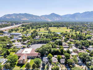 Aerial view of residential area with a water and mountain view
