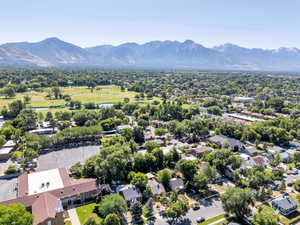 Aerial perspective of suburban area featuring mountains
