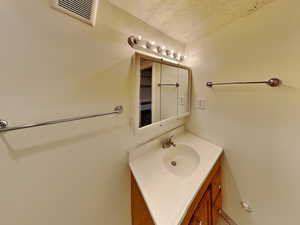 Bathroom featuring vanity and a textured ceiling
