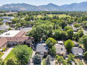 Aerial perspective of suburban area with mountains