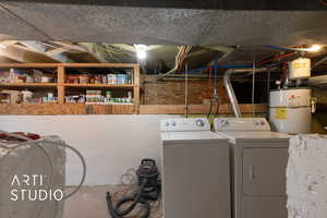 Washroom with secured water heater and washing machine and clothes dryer