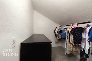 Walk in closet with lofted ceiling and carpet floors