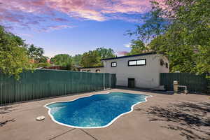View of swimming pool featuring a fenced backyard and a patio